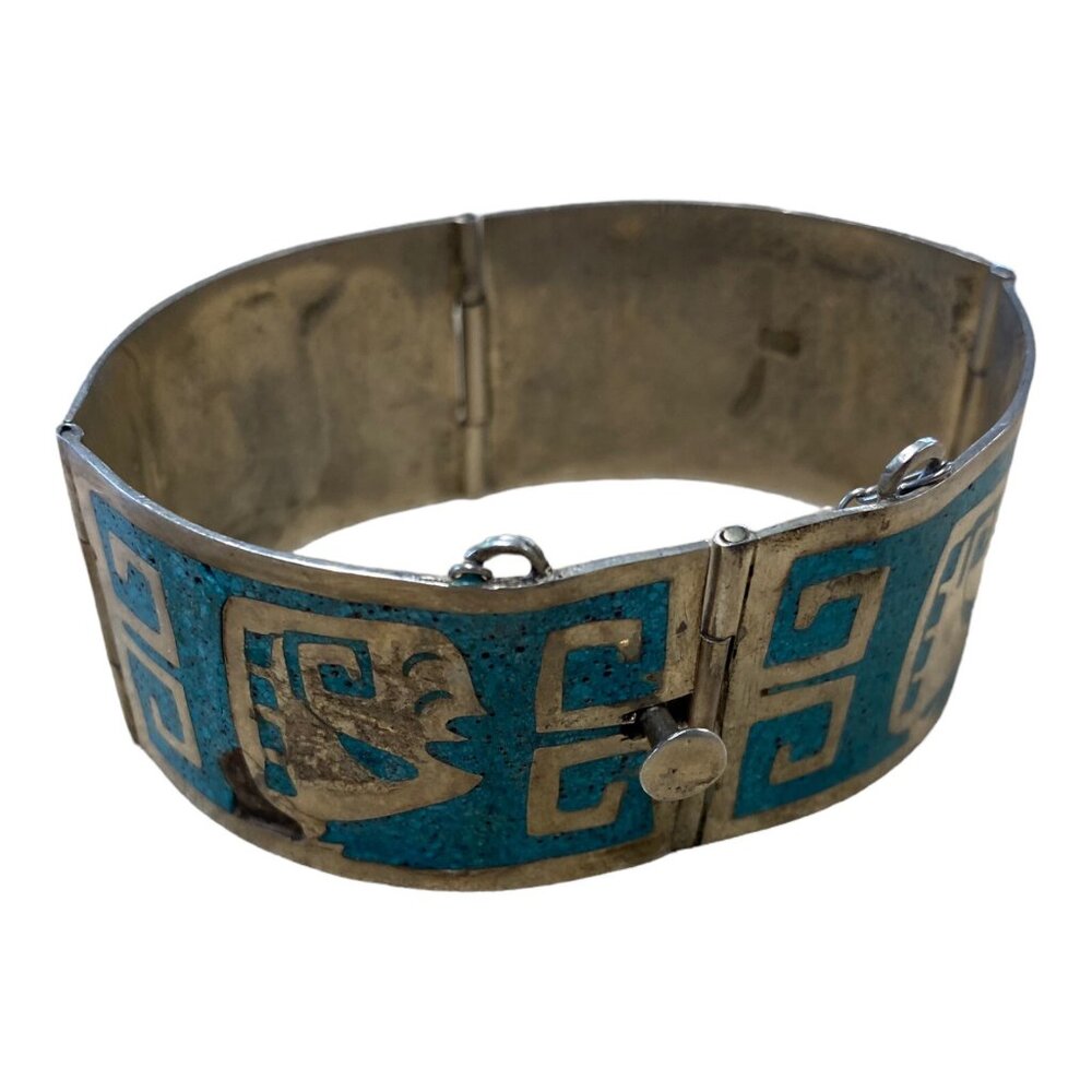 Mexico 925 Sterling Silver Crushed Turquoise Inlay Greek Key Bracelet READ - Picture 4 of 10